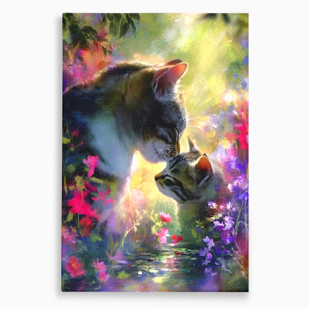 Tablou canvas cu tablou canvas cu pisici mangaite in gradina, fara rama, pe sasiu de lemn